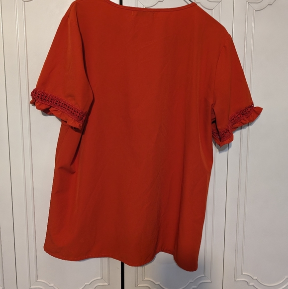 Vivid orange embroidered shirt white & blue flowers boho bright short sleeve top - Picture 6 of 8